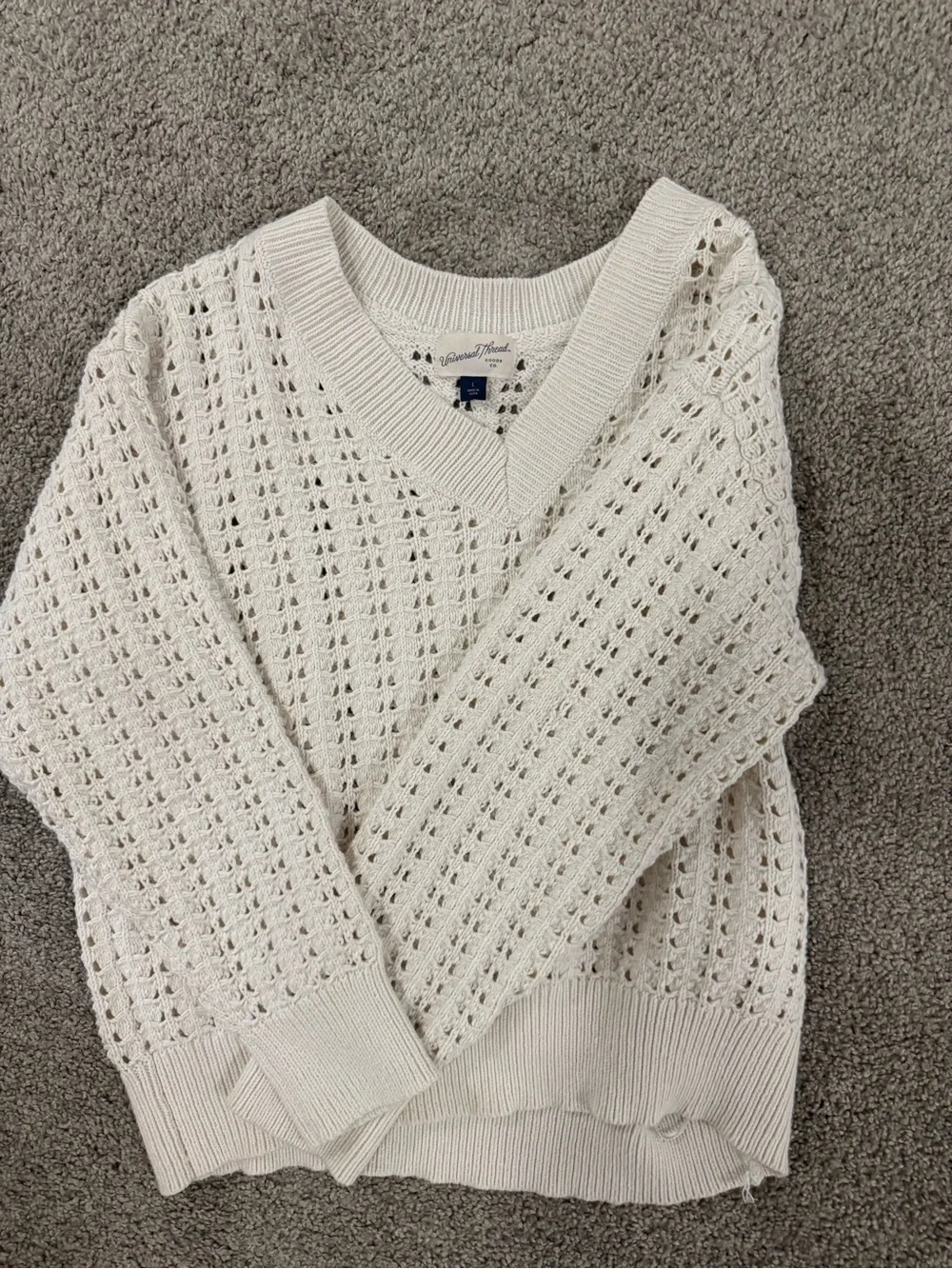 Women's Cream Open-Knit V-Neck Sweater